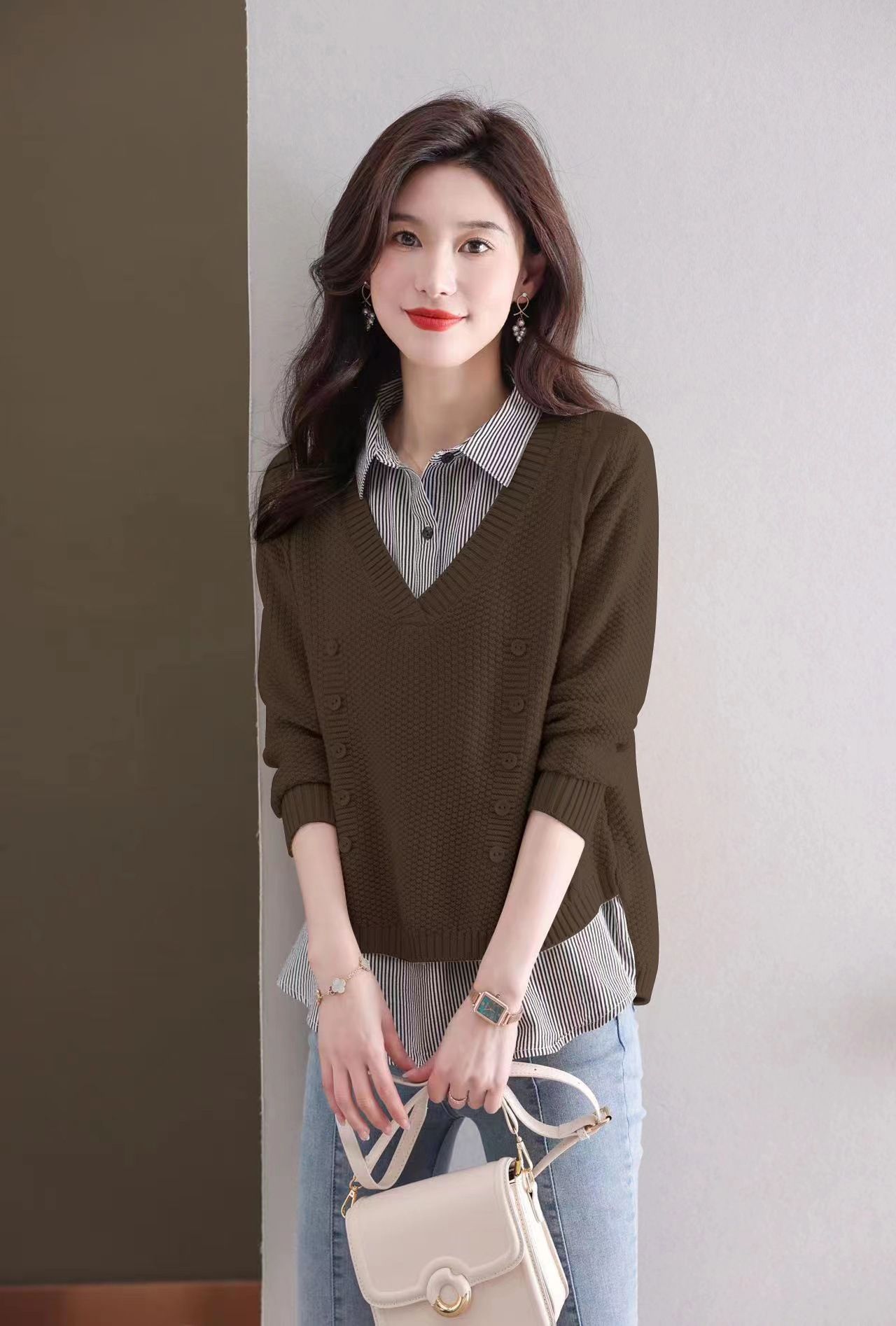 ブルベ夏/ブルベ冬服　襟付きシャツ重ね着風ニット