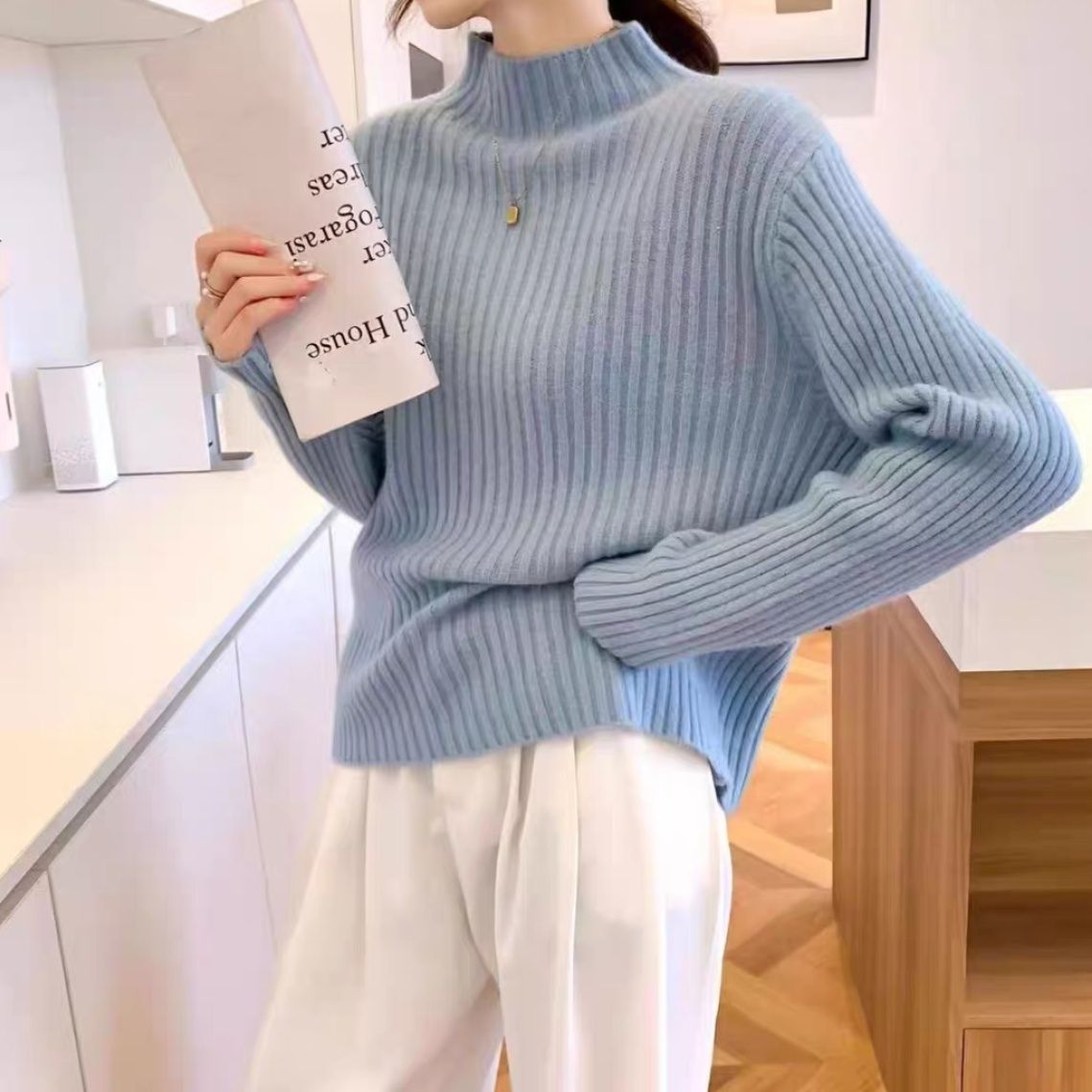 ブルベ夏/ブルベ冬服　上品リブ編みハイネックニットプルオーバー