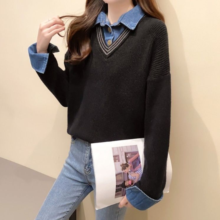 ブルベ夏/ブルベ冬服　襟付きニット切替え長袖ブラウス