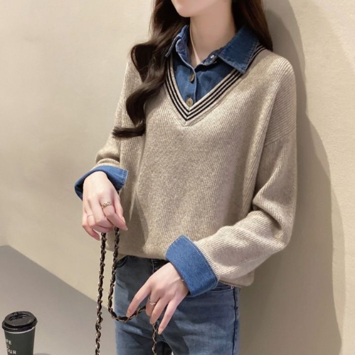 ブルベ夏/ブルベ冬服　襟付きニット切替え長袖ブラウス