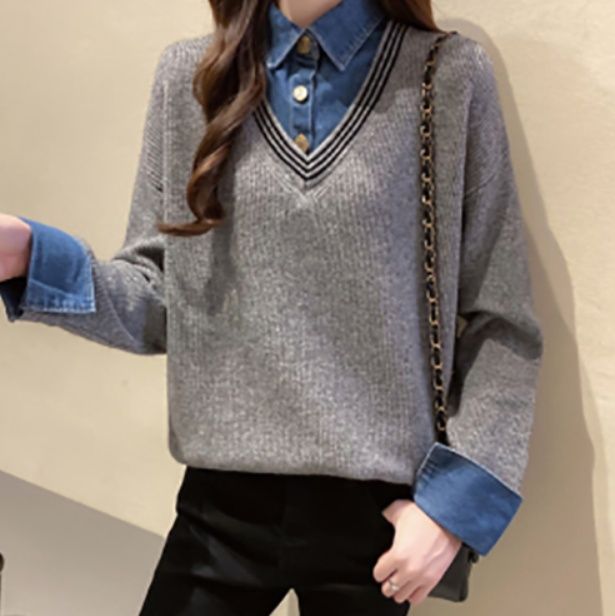 ブルベ夏/ブルベ冬服　襟付きニット切替え長袖ブラウス