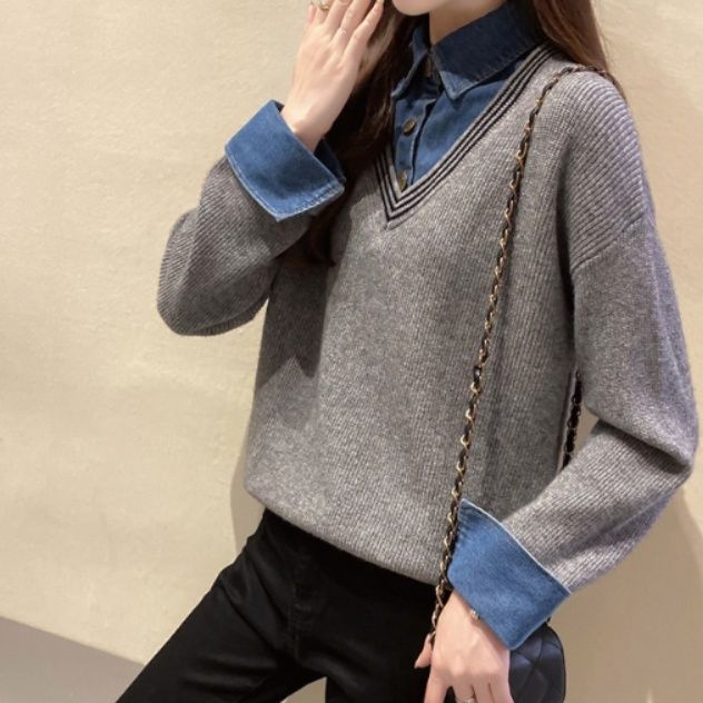 ブルベ夏/ブルベ冬服　襟付きニット切替え長袖ブラウス