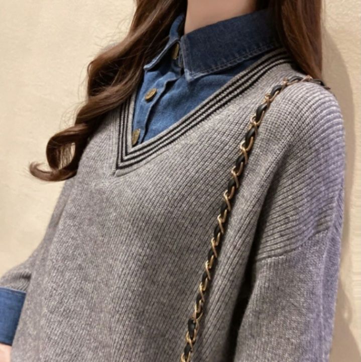 ブルベ夏/ブルベ冬服　襟付きニット切替え長袖ブラウス