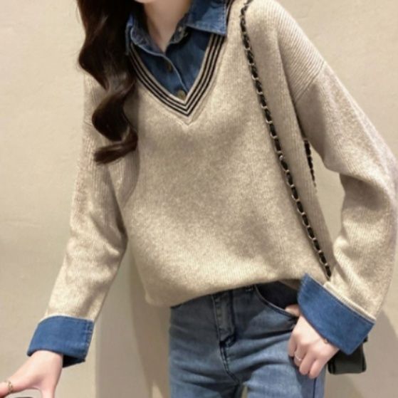 ブルベ夏/ブルベ冬服　襟付きニット切替え長袖ブラウス