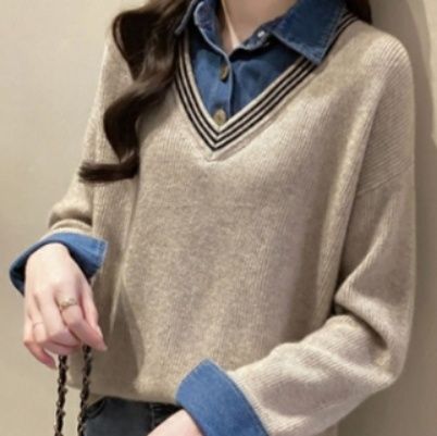 ブルベ夏/ブルベ冬服　襟付きニット切替え長袖ブラウス