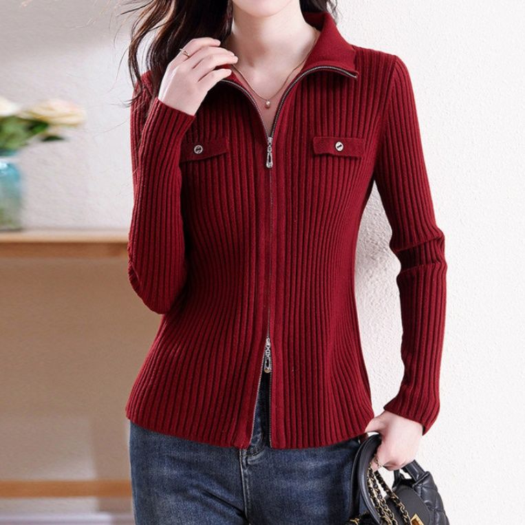 ブルベ夏/ブルベ冬服　胸ポケット付き縦リブ編みジップアップニットカーディガン