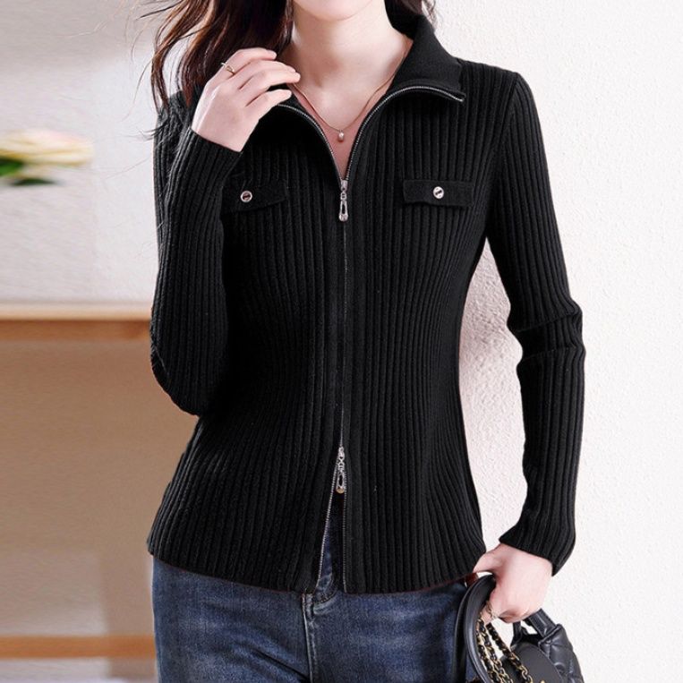 ブルベ夏/ブルベ冬服　胸ポケット付き縦リブ編みジップアップニットカーディガン
