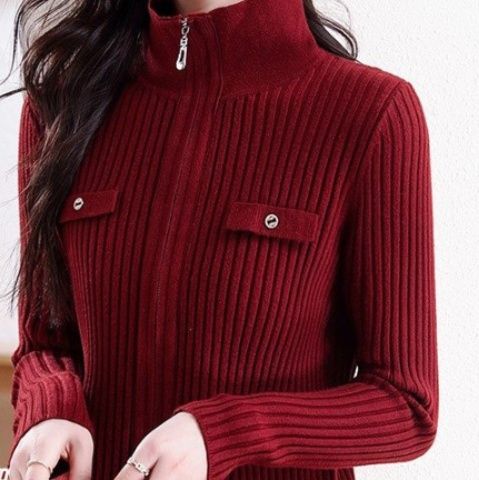 ブルベ夏/ブルベ冬服　胸ポケット付き縦リブ編みジップアップニットカーディガン