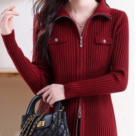ブルベ夏/ブルベ冬服　胸ポケット付き縦リブ編みジップアップニットカーディガン