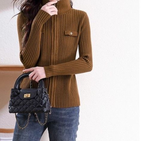 ブルベ夏/ブルベ冬服　胸ポケット付き縦リブ編みジップアップニットカーディガン