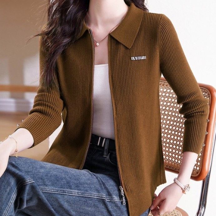 ブルベ夏/ブルベ冬服　胸ポケット付き縦リブ編みジップアップニットカーディガン