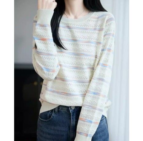 ブルベ夏/ブルベ冬服　編みマルチボーダー柄丸首長袖ニット