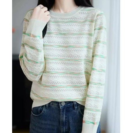 ブルベ夏/ブルベ冬服　編みマルチボーダー柄丸首長袖ニット