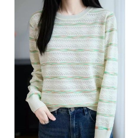 ブルベ夏/ブルベ冬服　編みマルチボーダー柄丸首長袖ニット