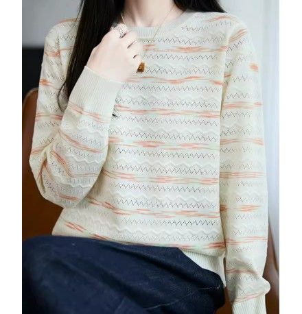 ブルベ夏/ブルベ冬服　編みマルチボーダー柄丸首長袖ニット