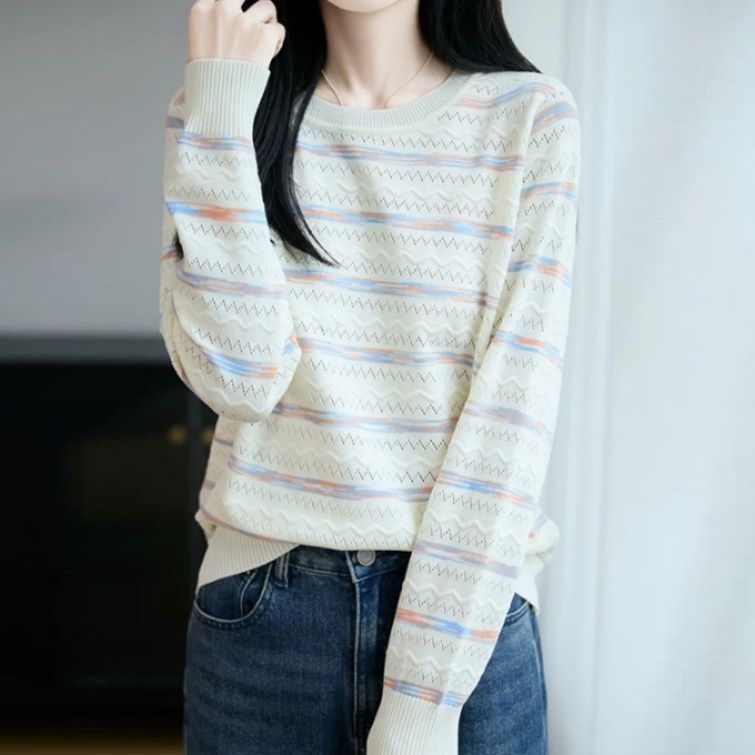 ブルベ夏/ブルベ冬服　編みマルチボーダー柄丸首長袖ニット