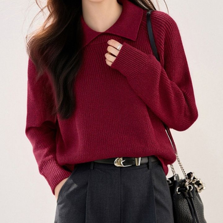 ブルベ夏/ブルベ冬服　襟付きリブ編みゆったりニットプルオーバー