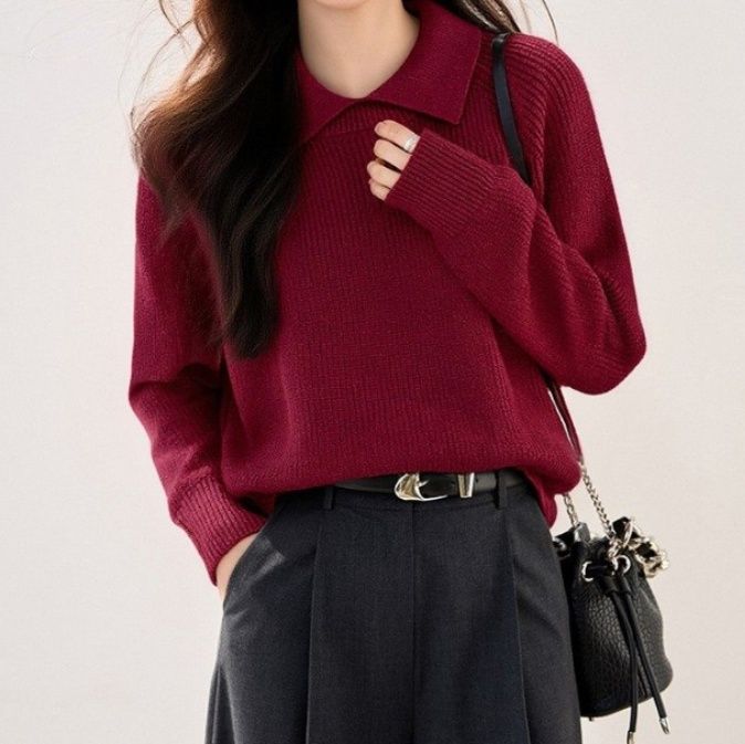 ブルベ夏/ブルベ冬服　襟付きリブ編みゆったりニットプルオーバー