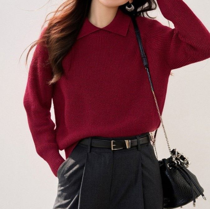 ブルベ夏/ブルベ冬服　襟付きリブ編みゆったりニットプルオーバー