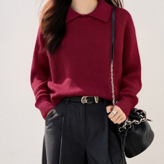 ブルベ夏/ブルベ冬服　襟付きリブ編みゆったりニットプルオーバー