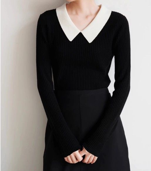 ブルベ夏/ブルベ冬　襟付きリブ編みセーラー風ニット