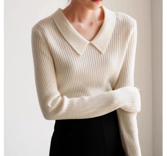 ブルベ夏/ブルベ冬　襟付きリブ編みセーラー風ニット