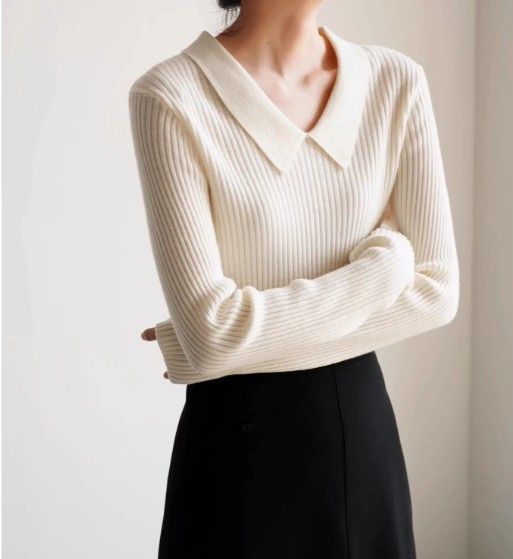 ブルベ夏/ブルベ冬　襟付きリブ編みセーラー風ニット