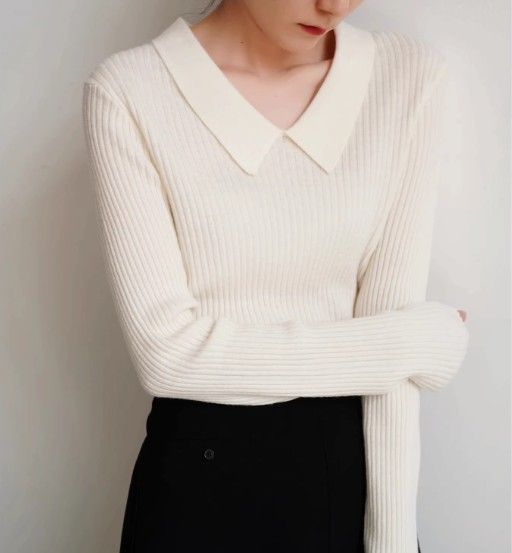 ブルベ夏/ブルベ冬　襟付きリブ編みセーラー風ニット