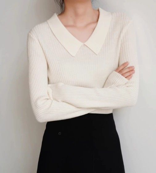 ブルベ夏/ブルベ冬　襟付きリブ編みセーラー風ニット