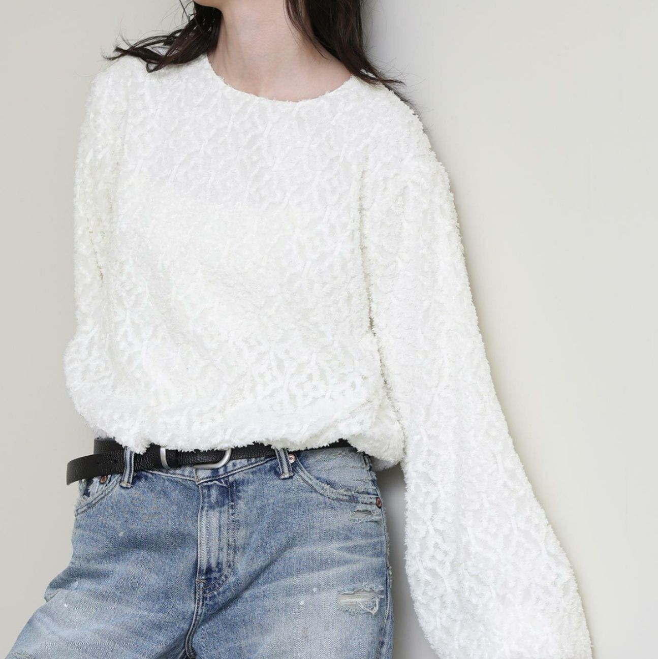 ブルベ夏/ブルベ冬服　ふわふわ起毛素材の丸首長袖ブラウス