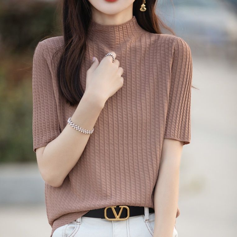 ブルベ夏/ブルベ冬服　 縦リブ編みモックネック半袖ニットトップス