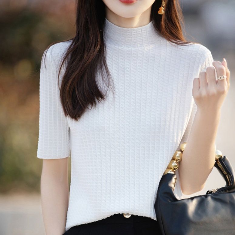 ブルベ夏/ブルベ冬服　 縦リブ編みモックネック半袖ニットトップス