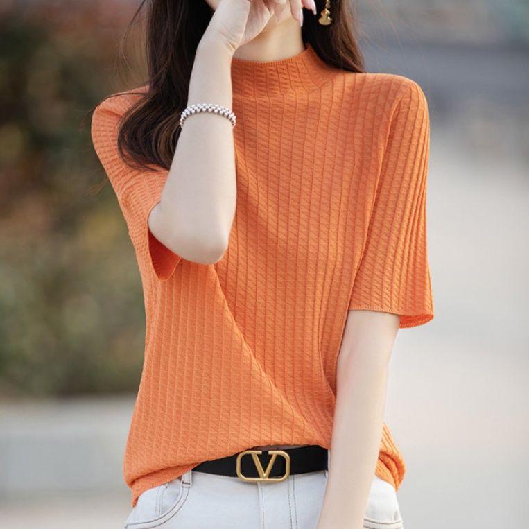 ブルベ夏/ブルベ冬服　 縦リブ編みモックネック半袖ニットトップス