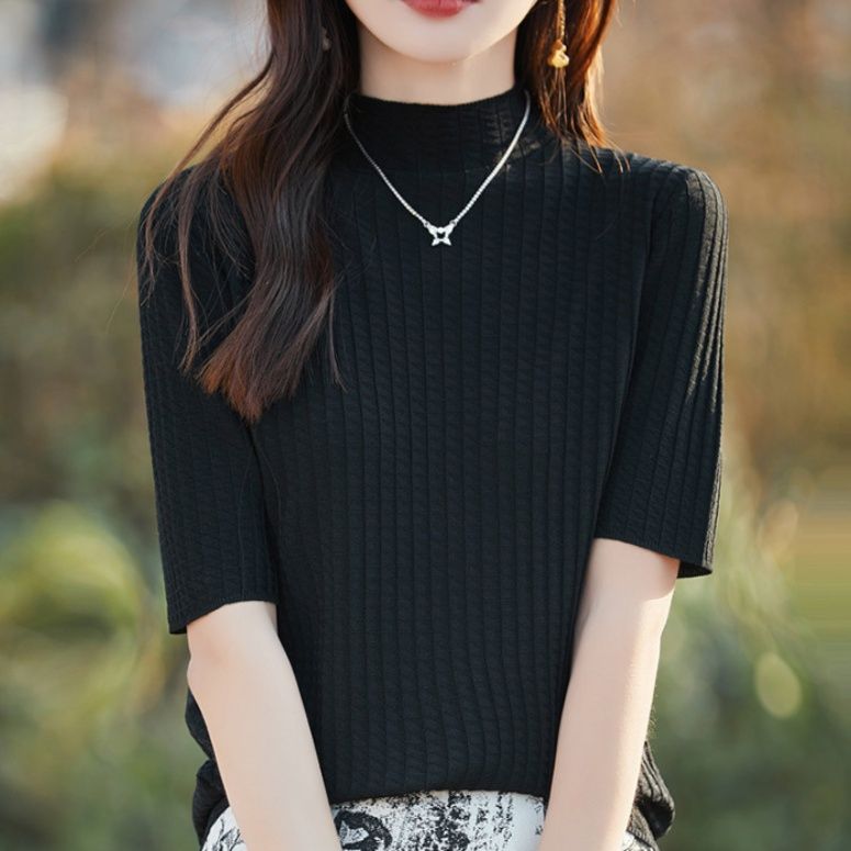 ブルベ夏/ブルベ冬服　 縦リブ編みモックネック半袖ニットトップス