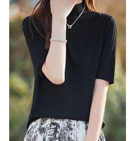 ブルベ夏/ブルベ冬服　 縦リブ編みモックネック半袖ニットトップス
