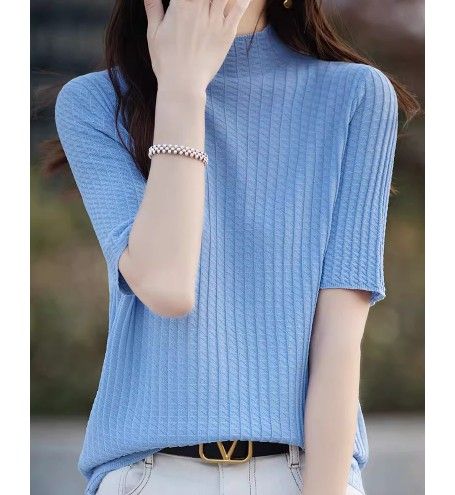 ブルベ夏/ブルベ冬服　 縦リブ編みモックネック半袖ニットトップス