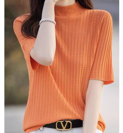 ブルベ夏/ブルベ冬服　 縦リブ編みモックネック半袖ニットトップス