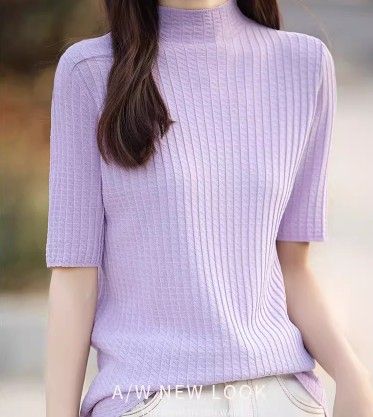 ブルベ夏/ブルベ冬服　 縦リブ編みモックネック半袖ニットトップス