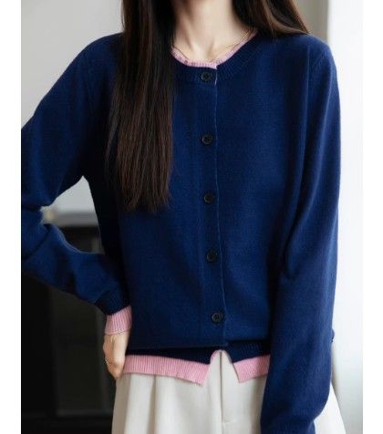 ブルベ夏/ブルベ冬服　配色ラインが映える丸襟ボタン留めニットカーディガン