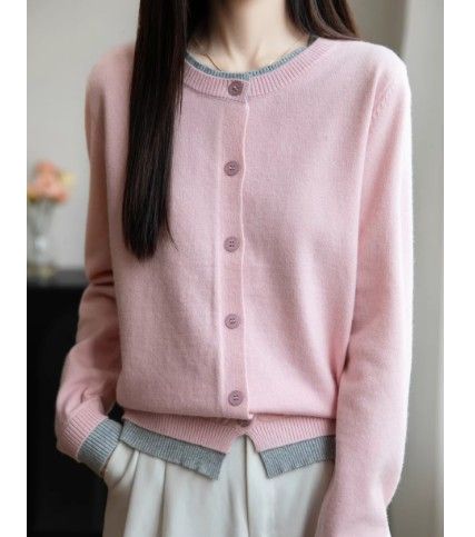 ブルベ夏/ブルベ冬服　配色ラインが映える丸襟ボタン留めニットカーディガン