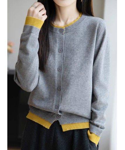 ブルベ夏/ブルベ冬服　配色ラインが映える丸襟ボタン留めニットカーディガン