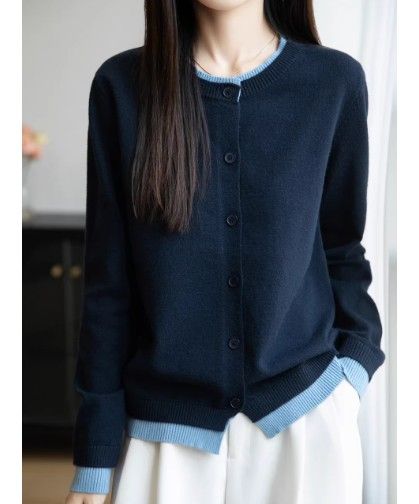 ブルベ夏/ブルベ冬服　配色ラインが映える丸襟ボタン留めニットカーディガン