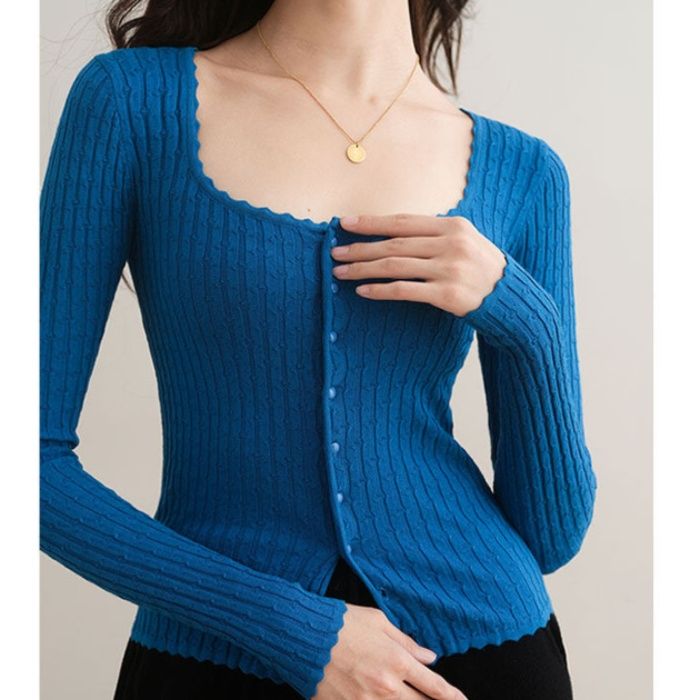 ブルベ夏/ブルベ冬服　スカラップネックリブ編み前開きカーディガン