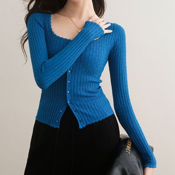 ブルベ夏/ブルベ冬服　スカラップネックリブ編み前開きカーディガン