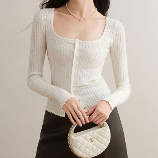 ブルベ夏/ブルベ冬服　スカラップネックリブ編み前開きカーディガン