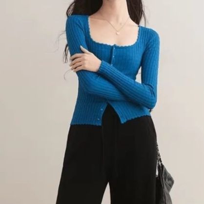 ブルベ夏/ブルベ冬服　スカラップネックリブ編み前開きカーディガン