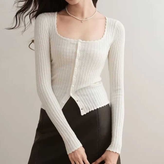 ブルベ夏/ブルベ冬服　スカラップネックリブ編み前開きカーディガン