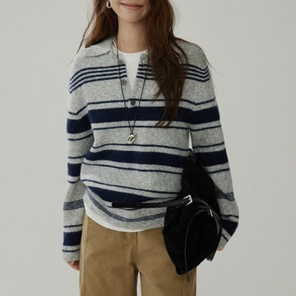 ブルベ夏/ブルベ冬服　マルチボーダー柄襟付きゆったりニットプルオーバー