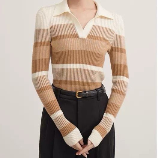 ブルベ夏服　襟付きマルチボーダーリブニット長袖トップス