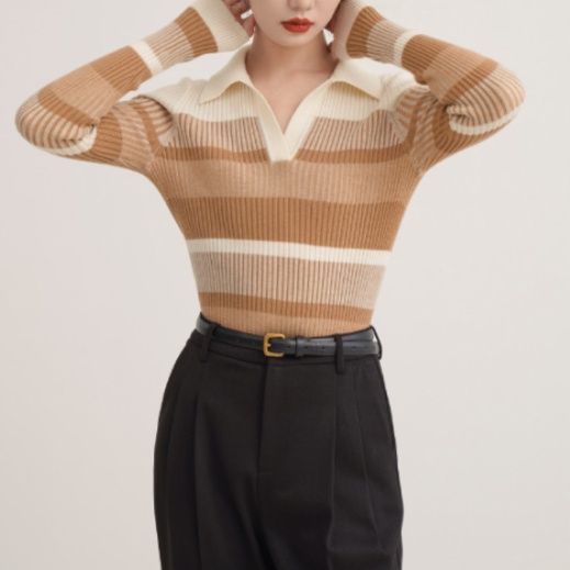 ブルベ夏服　襟付きマルチボーダーリブニット長袖トップス
